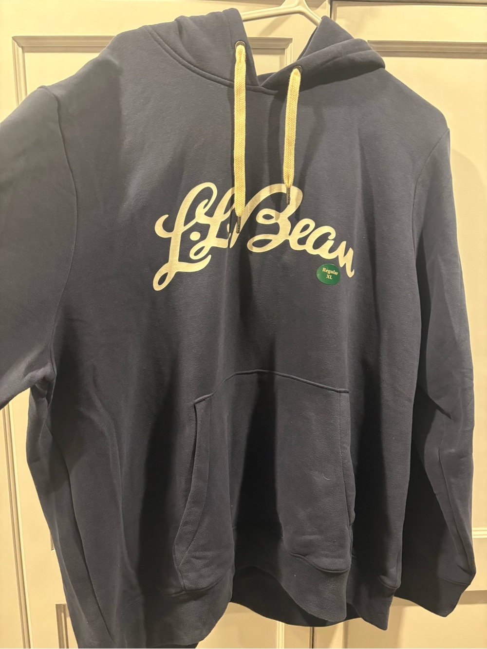 L.L. Bean Navy Hoodie with Cream Script Logo and Cream Drawstrings
